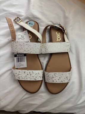 XOXO Women's White Sandals with Gold Speckle and Tan Footbed